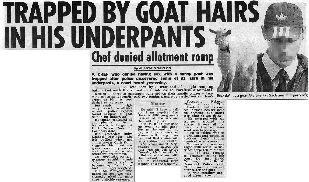 News clipping where man was caught having sex with goat